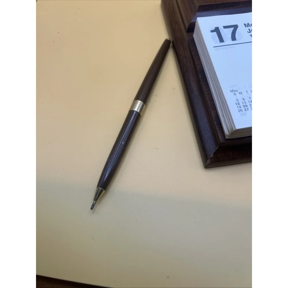Vintage Perpetual Flip Calendar With Wood Base And Ink Pen